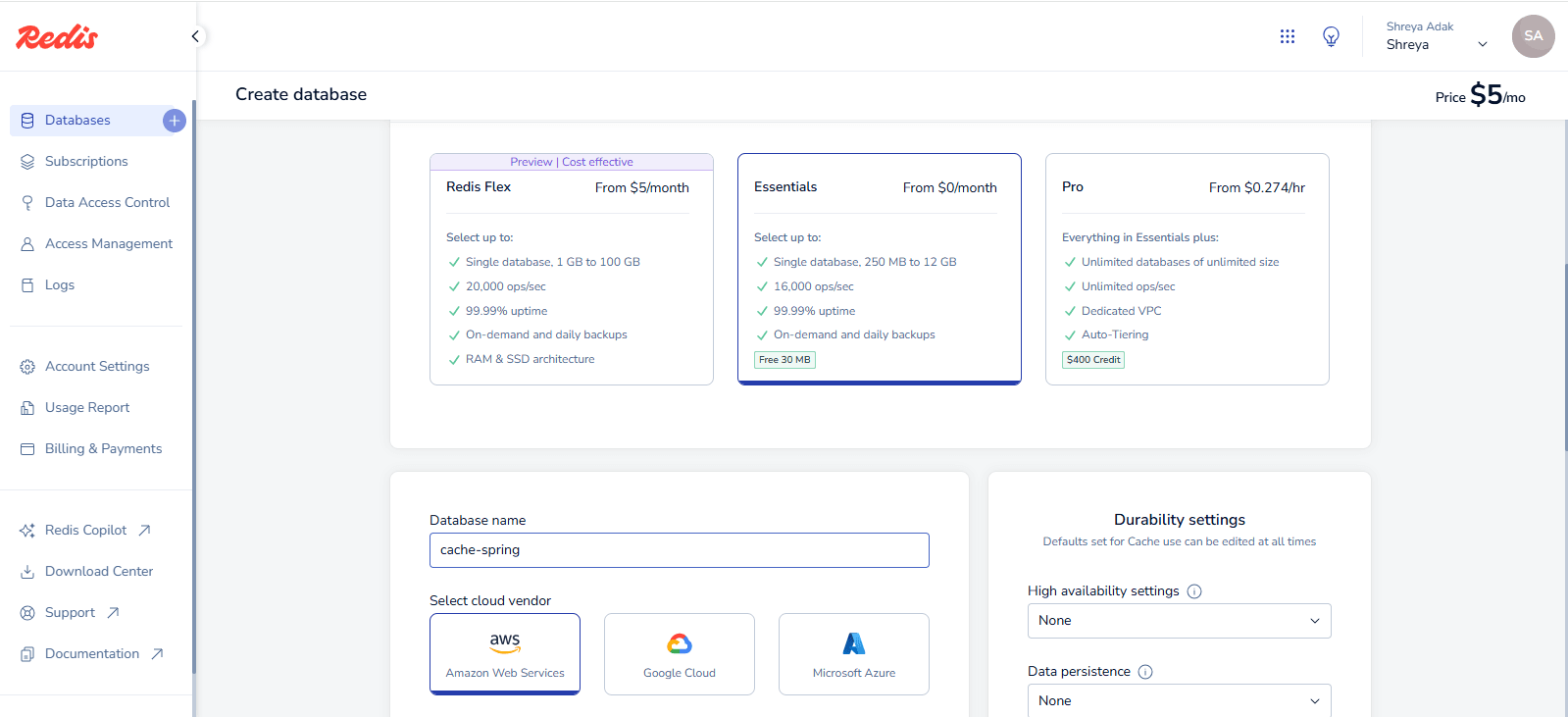 Redis Cloud Console set database name and could vendor