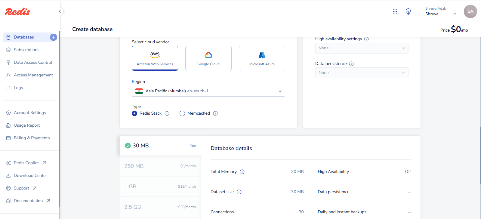 Set region and select 30MB free in redis