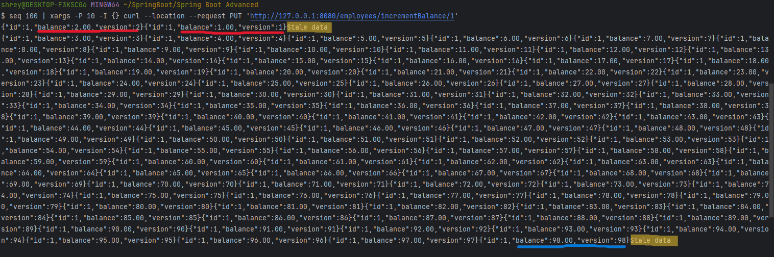 Output of bash terminal (Optimistic Locking) with internal server error