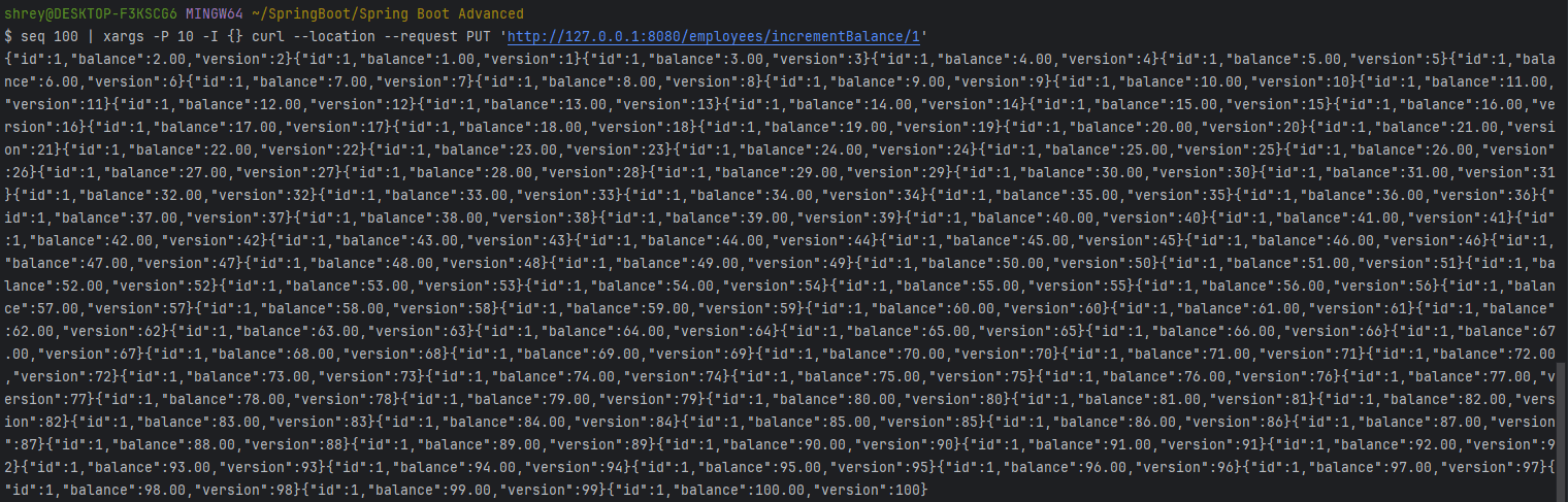 Output of bash terminal (Pessimistic Locking)