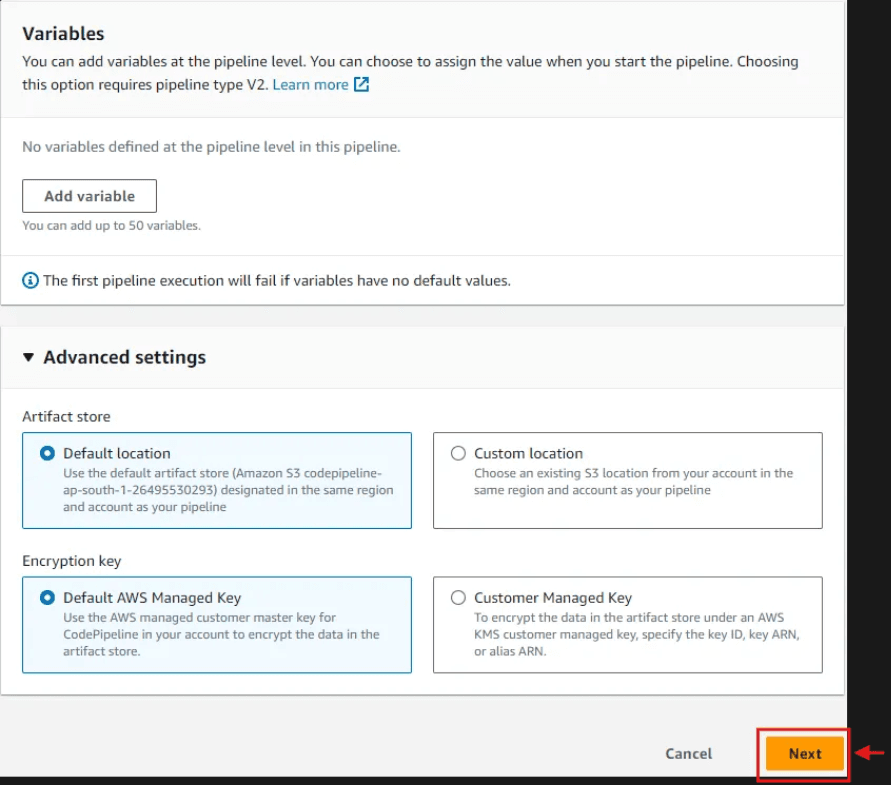 Choose Pipeline advance settings