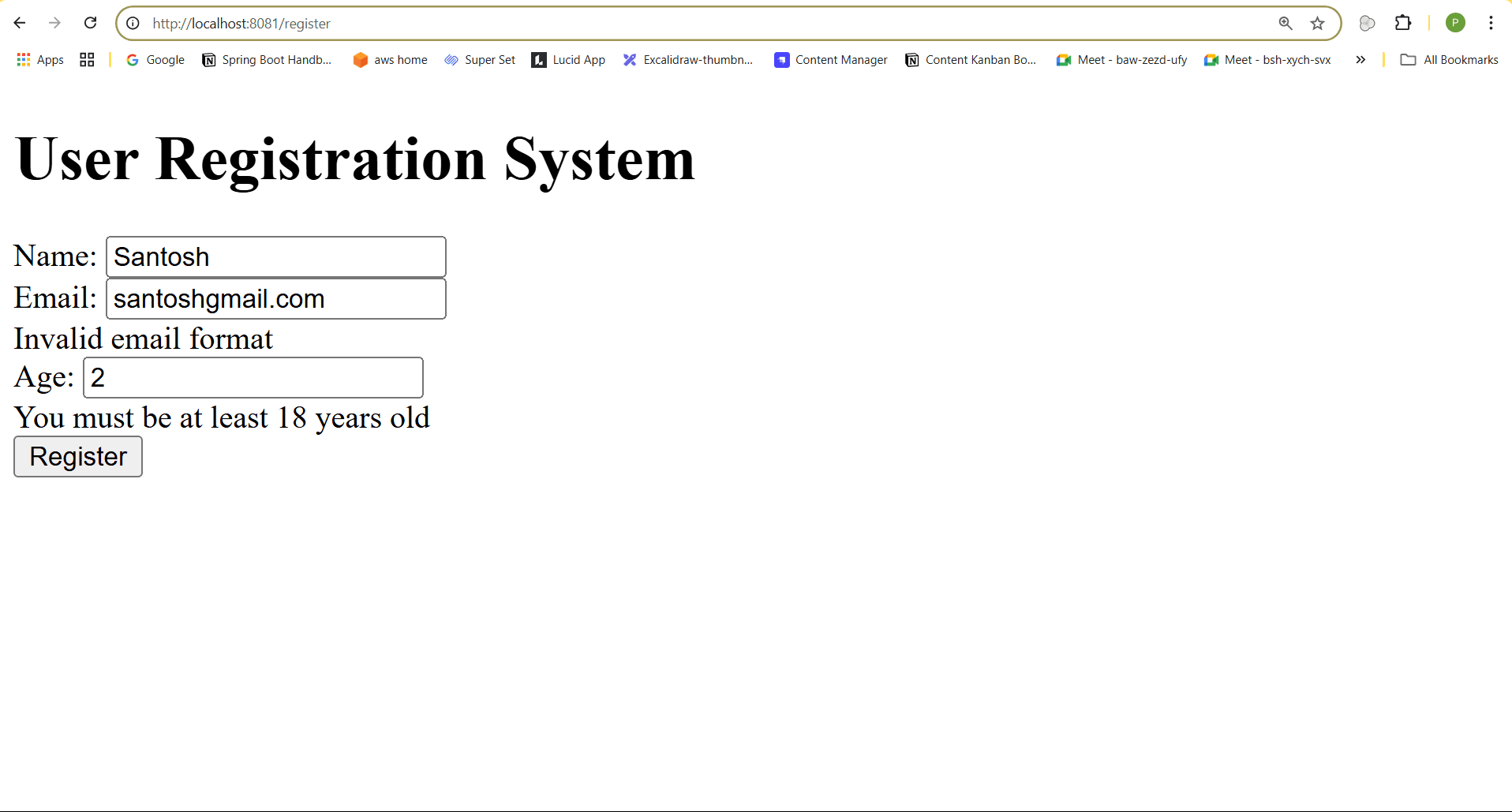 Registration error page